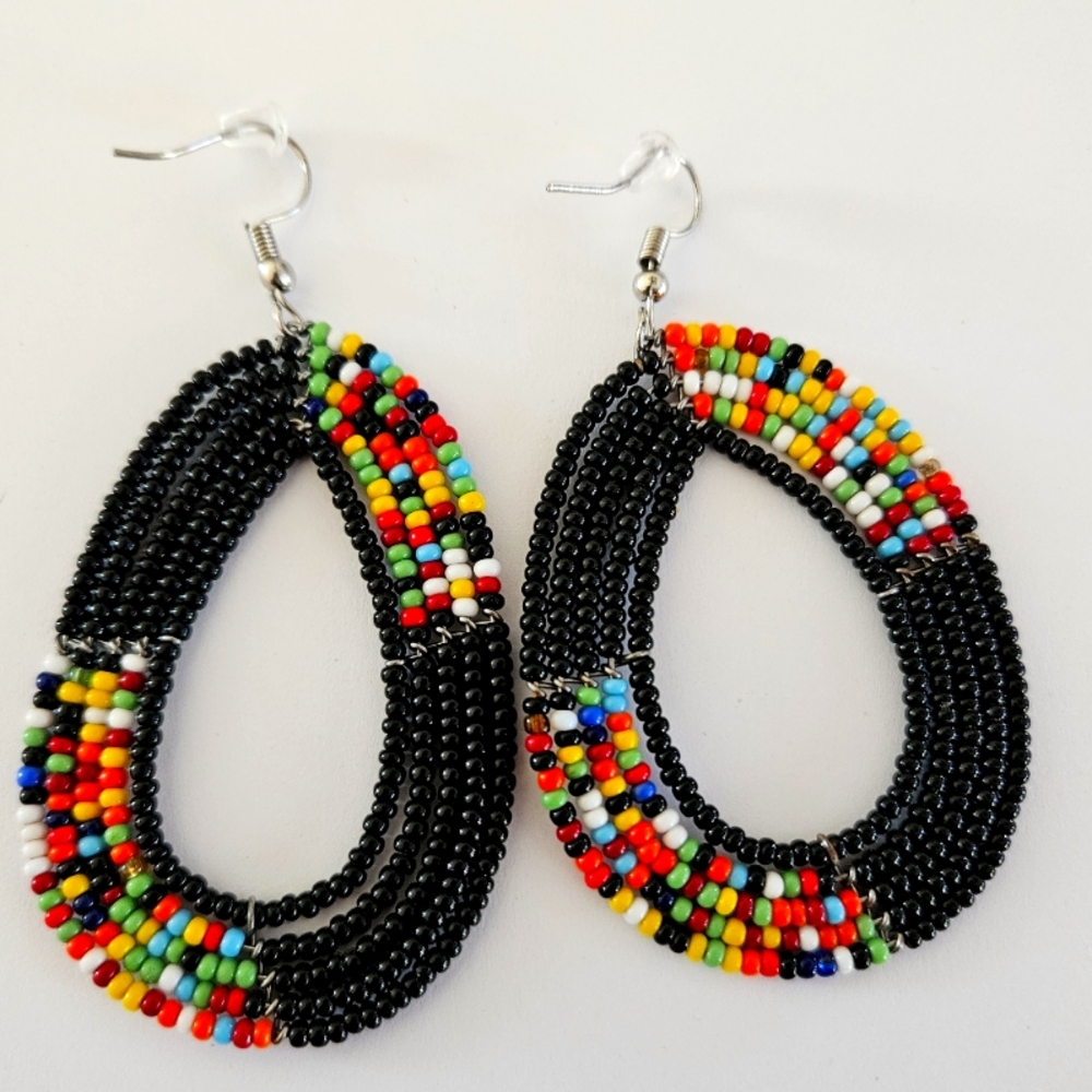 Black and multi-color beaded dangly African earrings